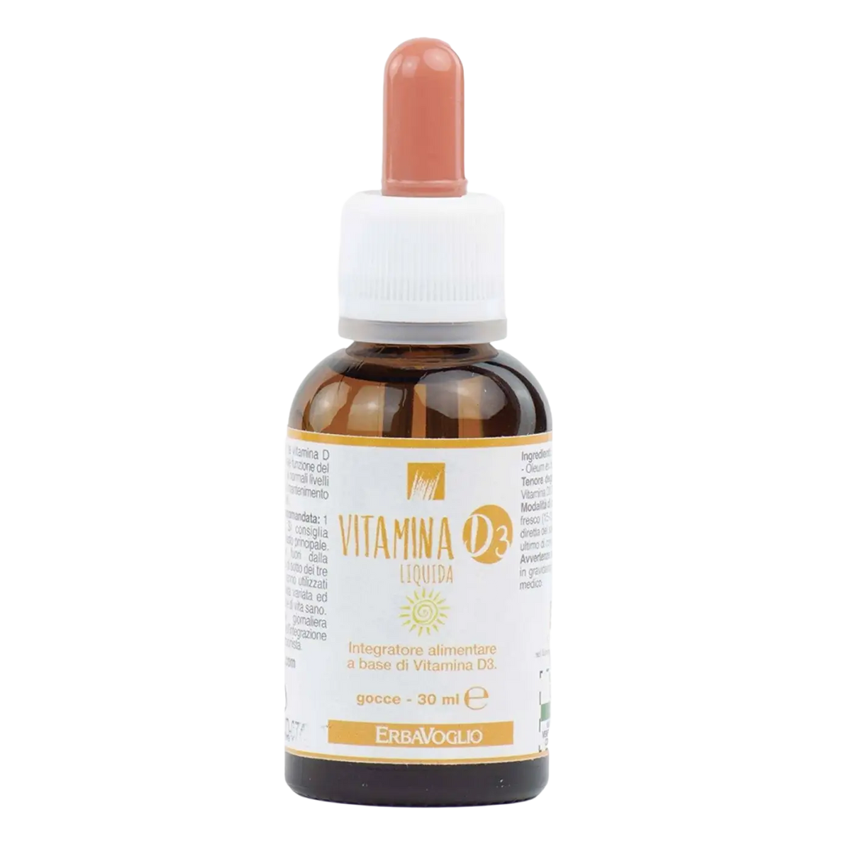 Flüssiges Vitamin D3 von Erbavoglio, 2000 IE pro Tropfen, Nahrungsergänzung in einer braunen Flasche mit Tropfenzähler