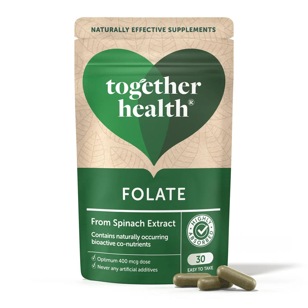 Folat Nahrungsergänzung von Together Health, 30 Kapseln, natürliche Alternative zu Folsäure, cremige Kapseln auf weißem Hintergrund