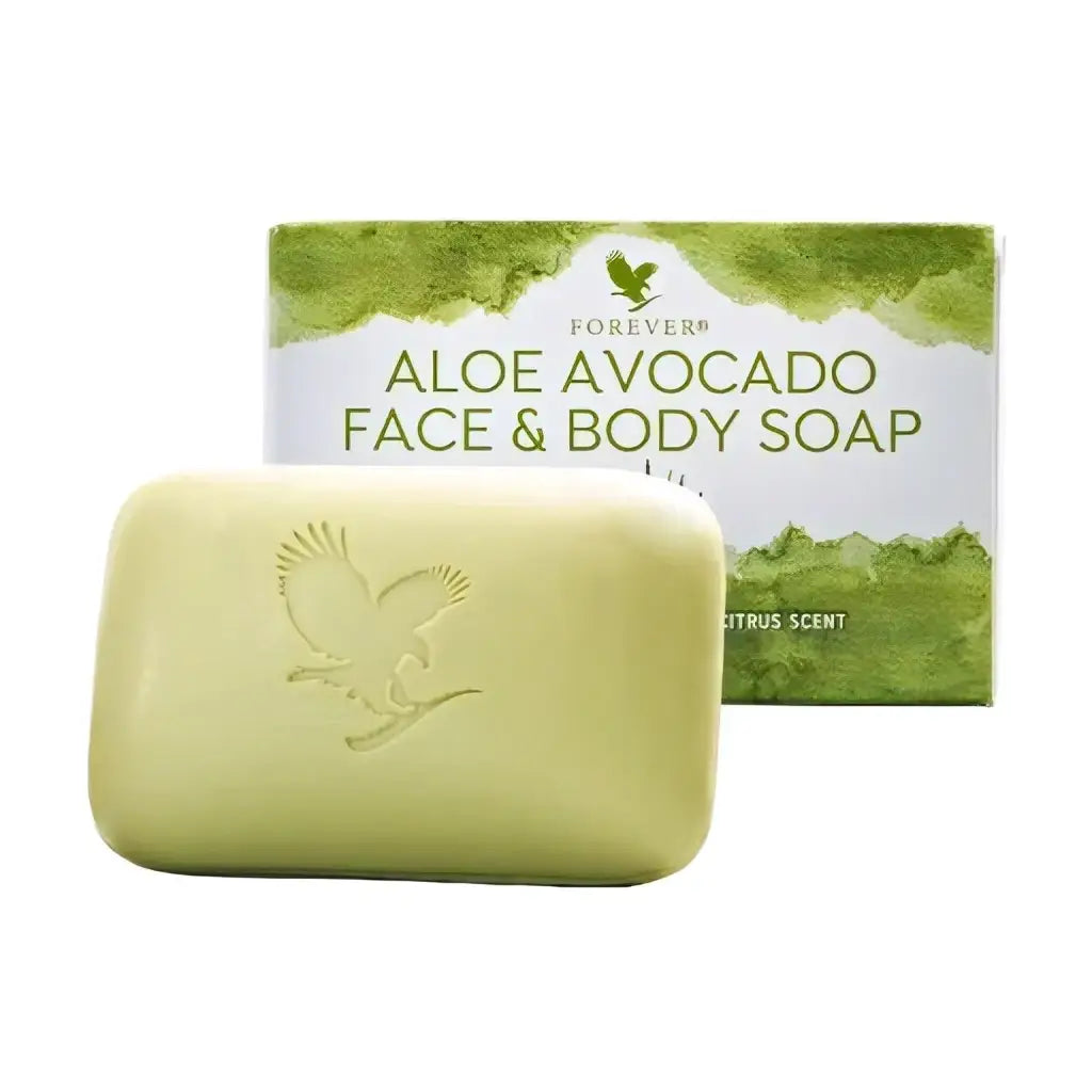 Forever Aloe Avocado Seife für Gesicht und Körper in hellgrüner rechteckiger Form, pflegend und erfrischend.