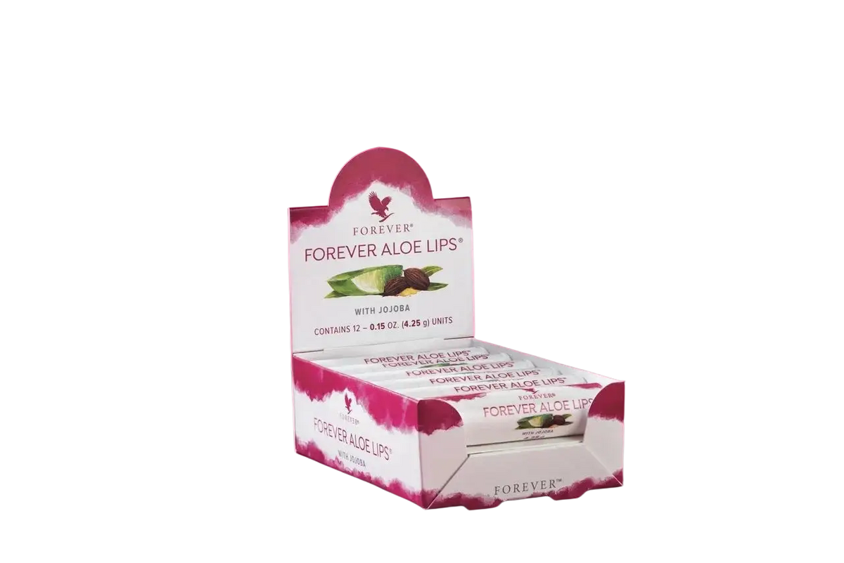 Forever Aloe Lips Lippenbalsam mit rosa und weißen Design, pflegt und schützt die Lippen mit Aloe Vera.