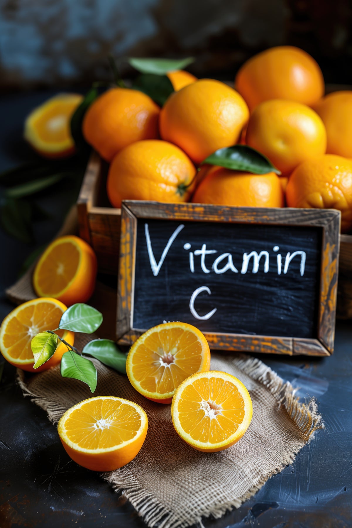 Frische Orangen und Zitrusfrüchte mit einer Tafel für Vitamin C für gesunde Ernährung.