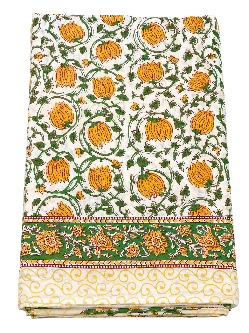 Gelber Tulpen-Lunghi-Sarong aus Baumwolle, 180x108 cm, gefaltetes Tuch mit frühlingshaftem Blumenmuster.
