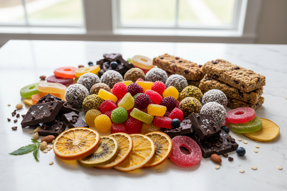 Gesunder Snack-Mix mit Bio-Schokolade, Fruchtgummis, Kokosbällchen und Müsliriegeln.