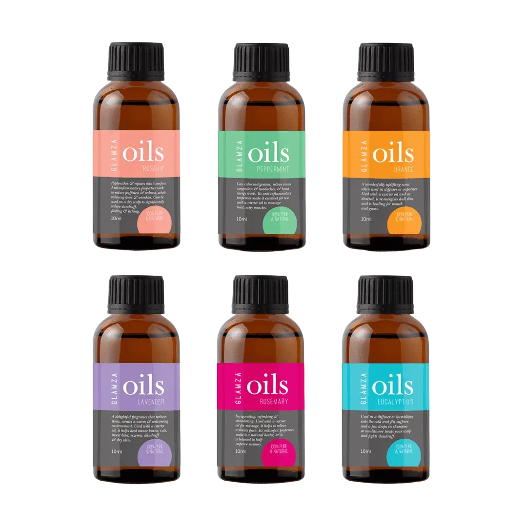 Glamza Premium ätherische Öle von My Wholesale Warehouse, 100% rein und natürlich, in dunkler Flasche, verschiedene ätherische Öle sichtbar