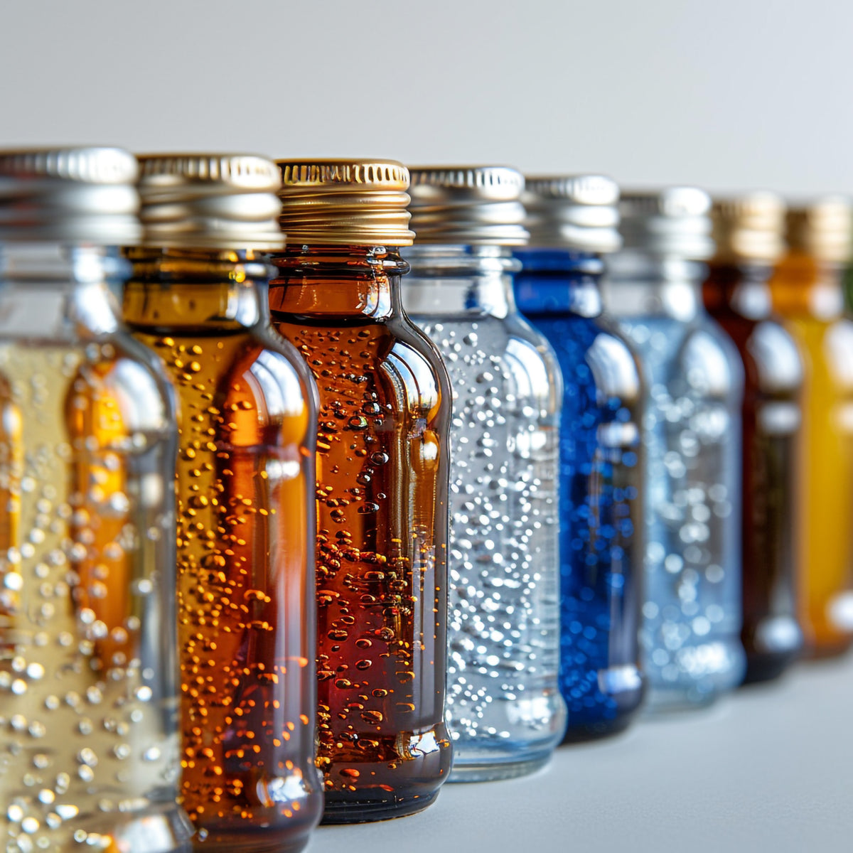 Reihe bunter Glasfläschchen mit sprudelnder Flüssigkeit für Bio-Kosmetik oder Wellness