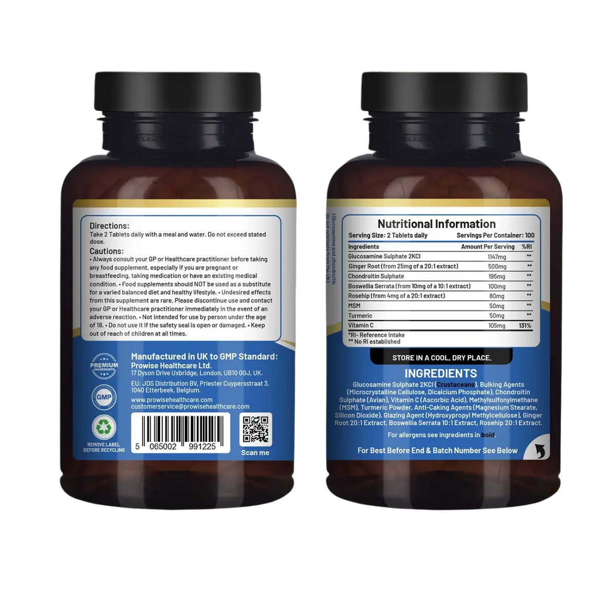 Prowise Healthcare Glucosamin- und Chondroitin-Komplex, 200 Tabletten, Nahrungsergänzung für gesunde Gelenke, Flasche mit Tabletten