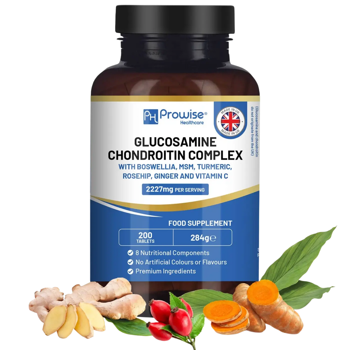 Prowise Healthcare Glucosamin- und Chondroitin-Komplex Nahrungsergänzung, 200 Tabletten für gesunde Gelenke, Nahaufnahme der Verpackung