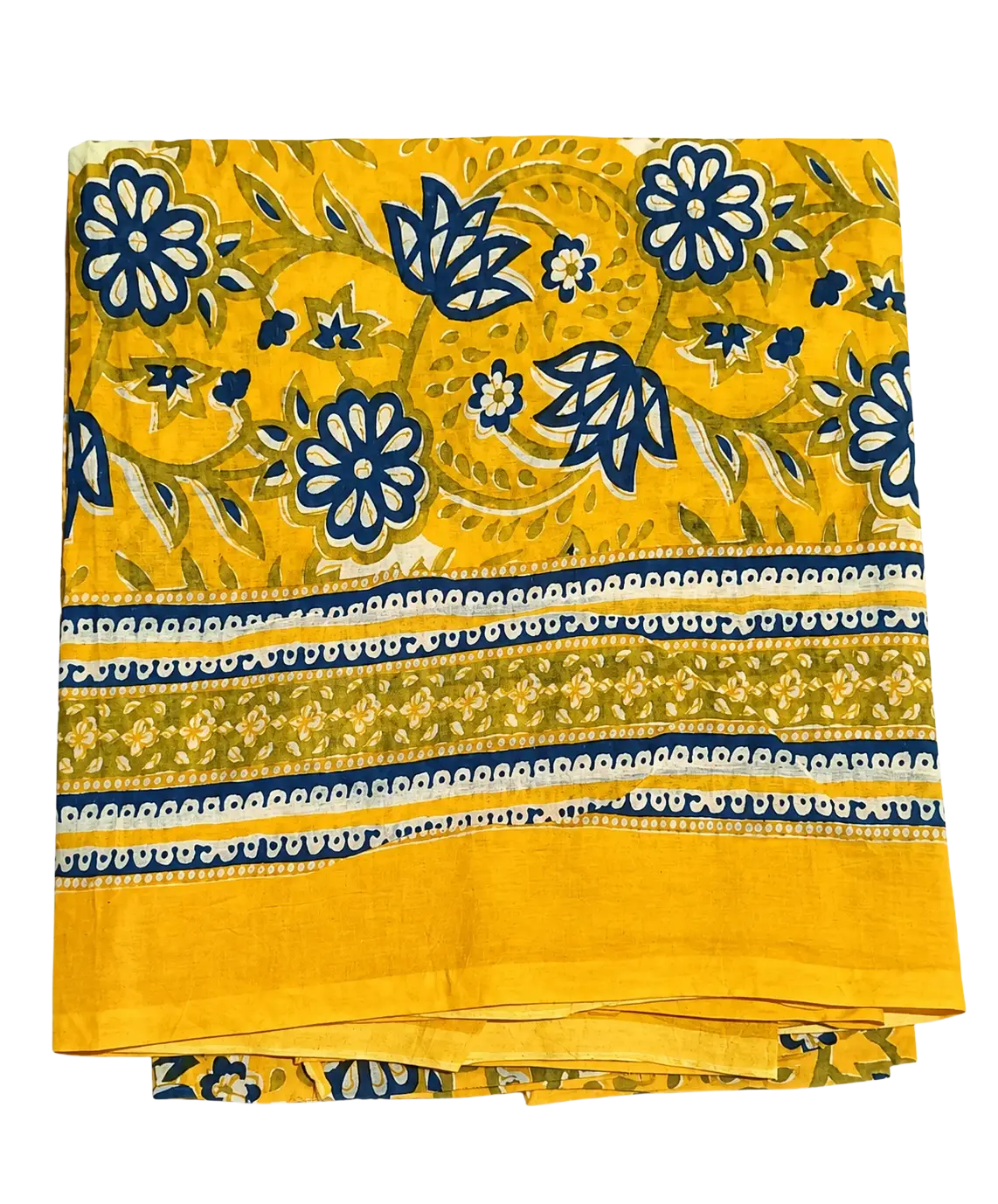 Vibranter gelber lunghi sarong mit blauem blumen- und rankenmuster und dekorativen streifen von mana shop