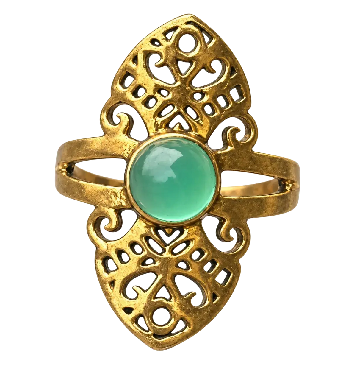 Goldfarbener ring mit grünem cabochon aus filigranem goldton und ovalem jade cabochon zum image to zoom