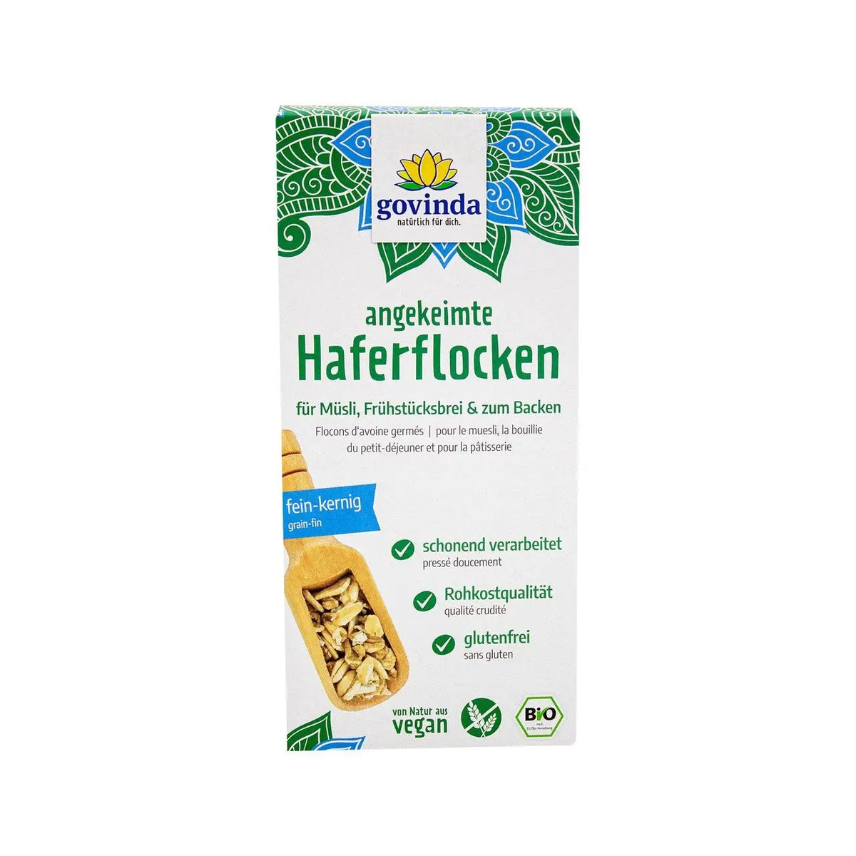 Govinda Angekeimte Haferflocken EU Bio in der Schachtel, naturbelassene Cornflakes für gesundes Frühstück