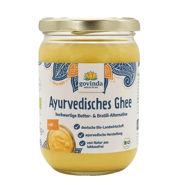 Govinda Bio-Ghee in 420g Packung, ayurvedisches Butterreinfett für Kochen, Hautpflege und Ayurveda, cremige Textur.