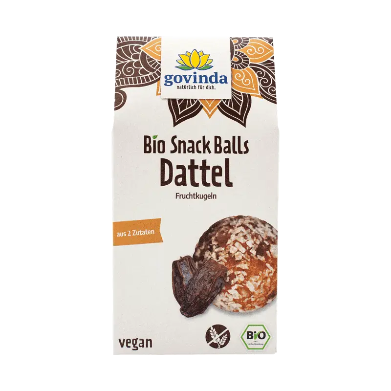 Govinda Bio Snack Balls Dattel Kokos Fruchtkugeln, 100 g, natürliche Dattel-Kokos-Snacks in runder Form
