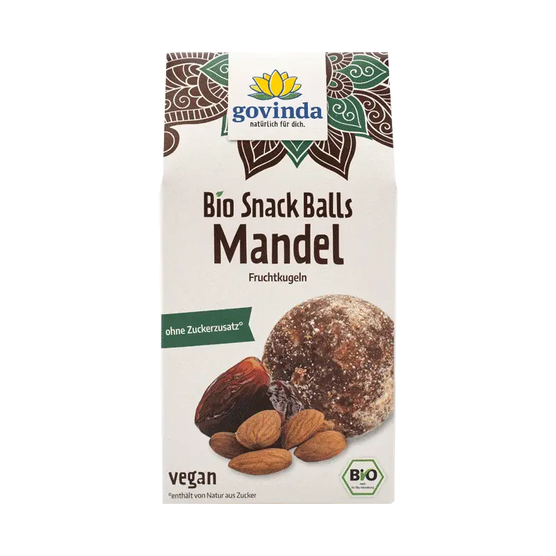 Bio Snack Balls mit Mandeln und Datteln von Govinda, 100 g, natürliche Fruchtkugeln als gesunder Snack.