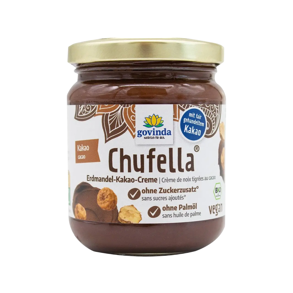 Govinda Chufella Erdmandel-Schokocreme, EU Bio, vegane Brotaufstrich mit Erdmandeln und Schokolade in Glas.
