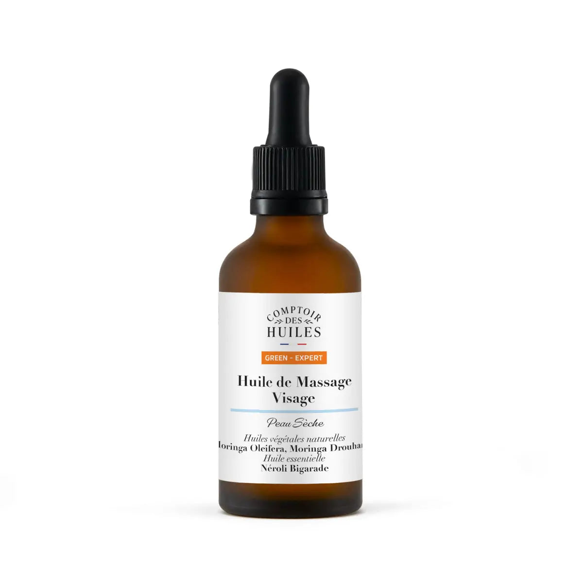 Grünes Expert Bio-Gesichtsmassageöl von COMPTOIR DES HUILES für trockene Haut, 100 ml, flüssiges Massageöl in grüner Flasche