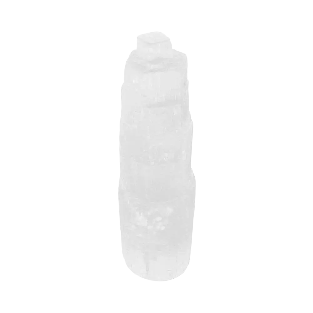 Großer, transluzenter Selenit-Monolith von Vives de la Cortada SCP als weiße Dekoration mit natürlicher Kristallstruktur.