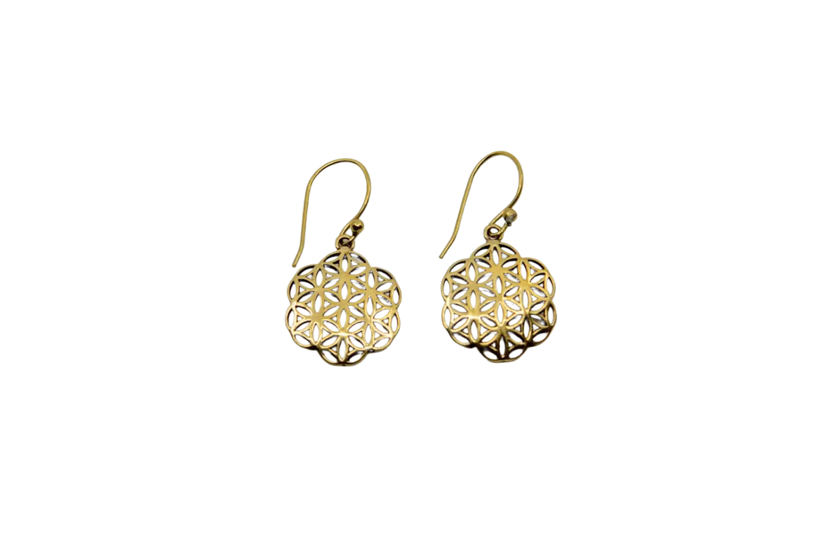 Handgefertigte Schmuck-Ohrringe mit spirituellen Symbolen, aus Mana Shop, zeigt detaillierte Designs und leichten Metallglanz.