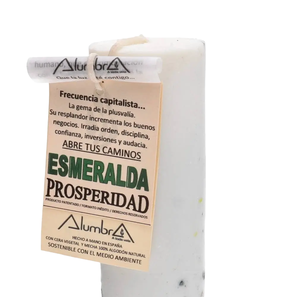 Handgemachte weiße Kerze mit Smaragd für Wohlstand, rechteckiges Design, von Vives de la Cortada S.L.