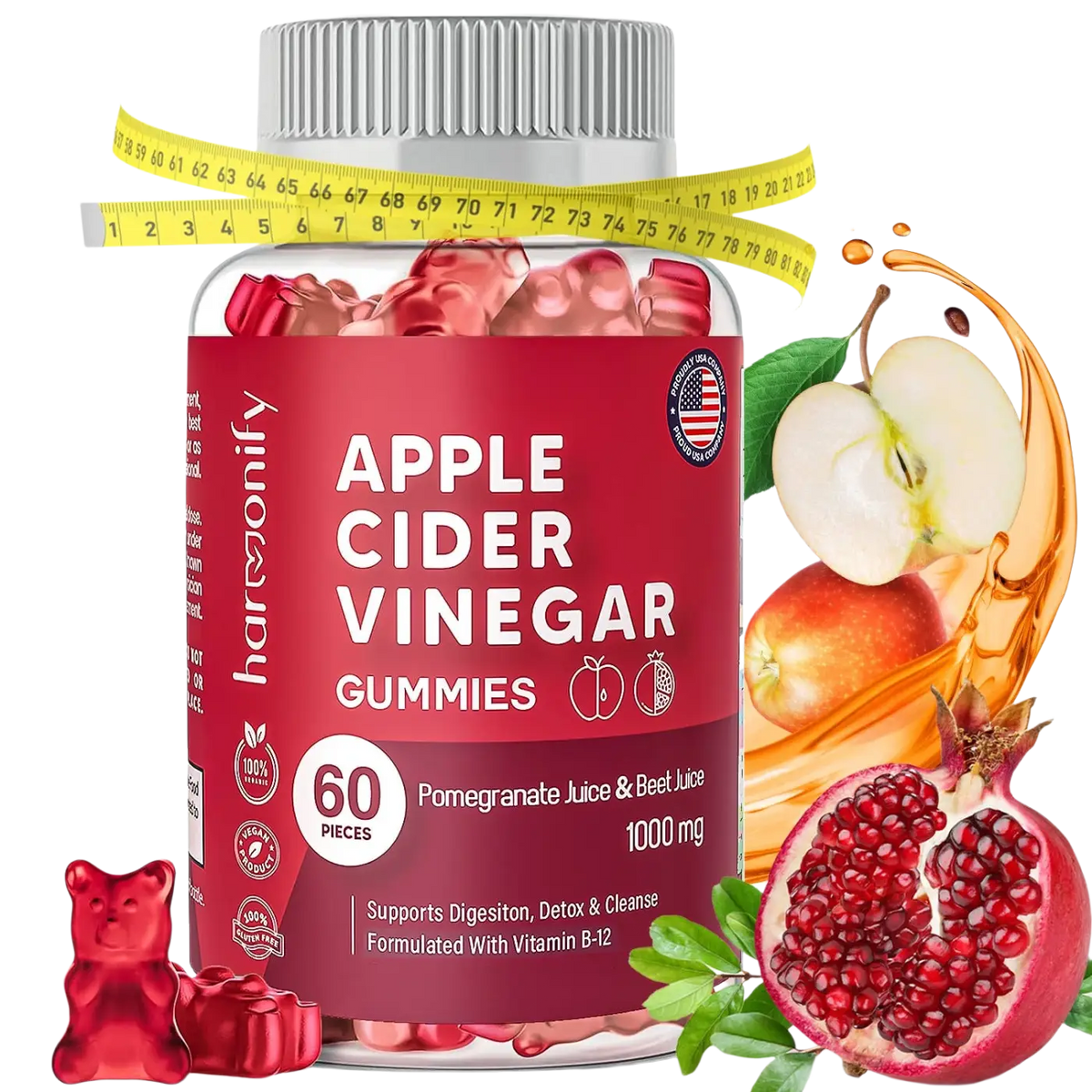 Harmonify Apfelessiggummis mit Granatapfel und Rübensaft, Nahrungsergänzung mit B12, Vitamin B12 1000 mg in Gummiform