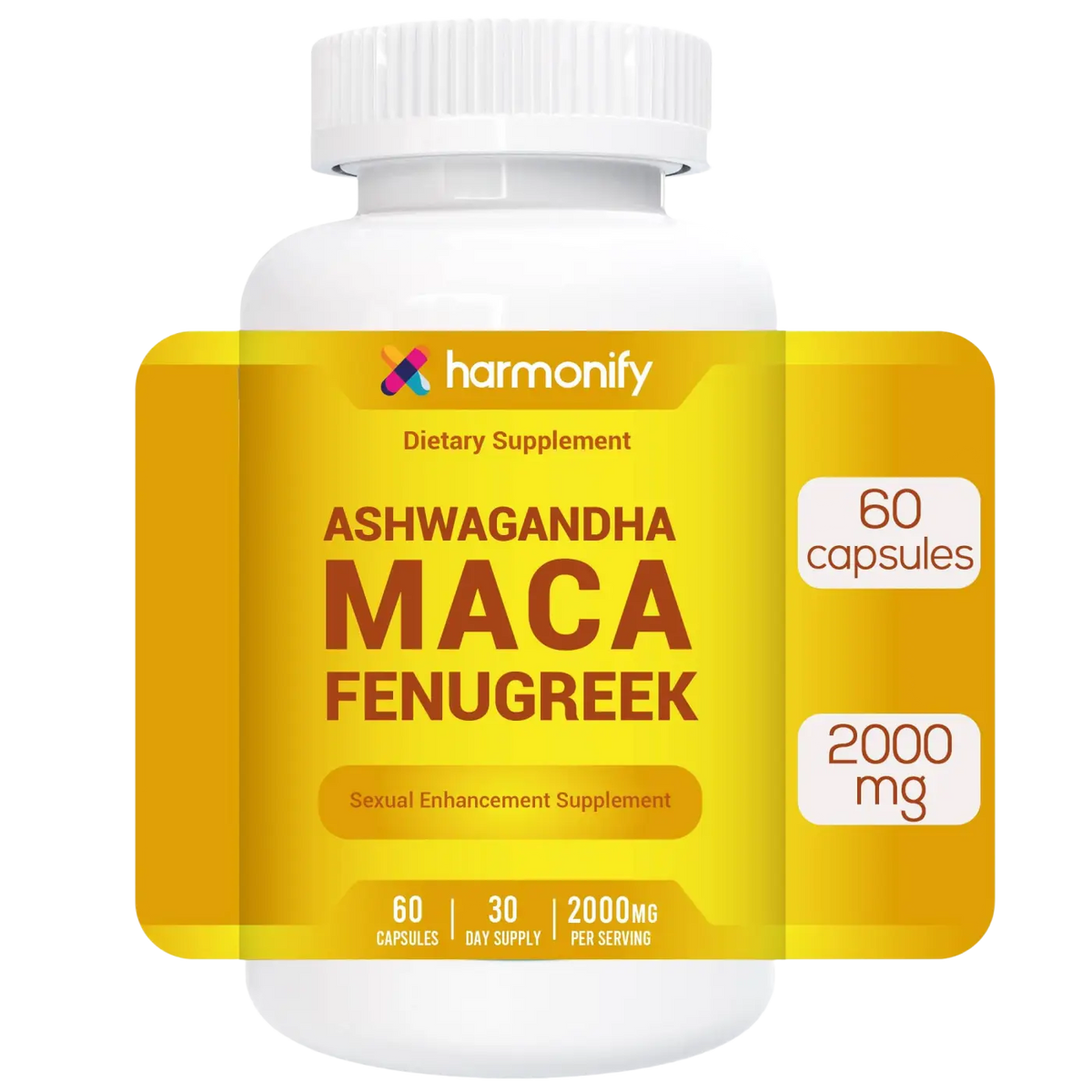 Weiße plastikflasche mit gelbem etikett der marke harmonify mit ashwagandha maca fenugreek in kapseln
