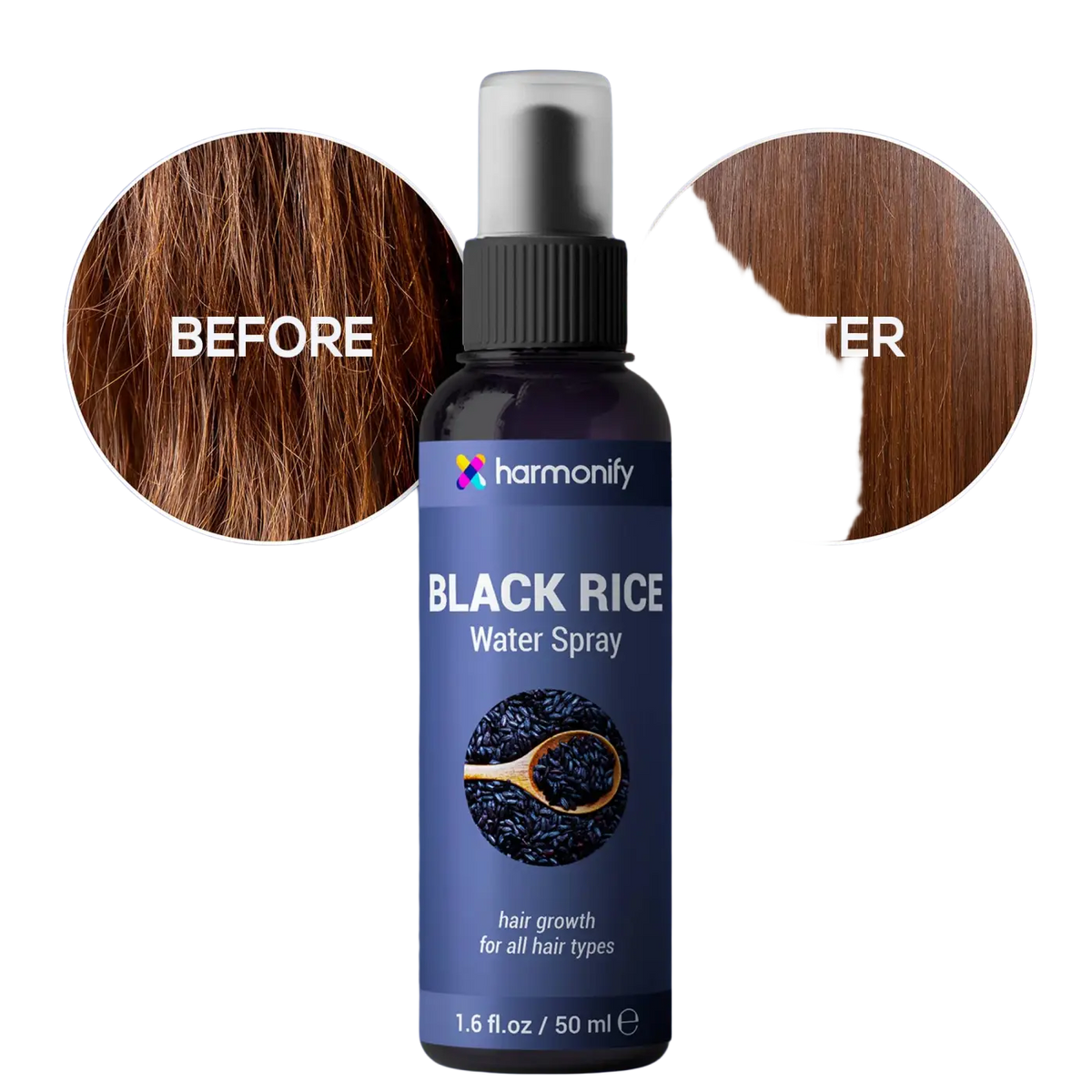 HARMONIFY Schwarzes Reiswasser Spray für Haare, veganes Haarserum gegen Haarausfall, Spliss und dünner werdendes Haar