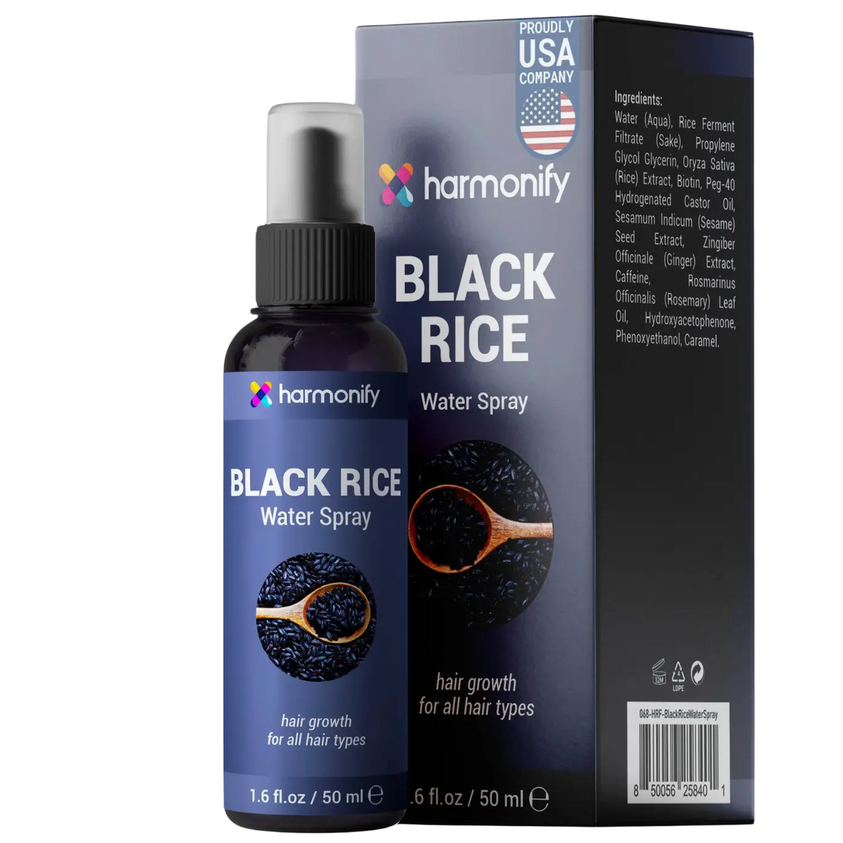 HARMONIFY Schwarzes Reiswasser Spray für Haare, veganes Haarserum gegen Haarausfall, Spliss und dünner werdendes Haar