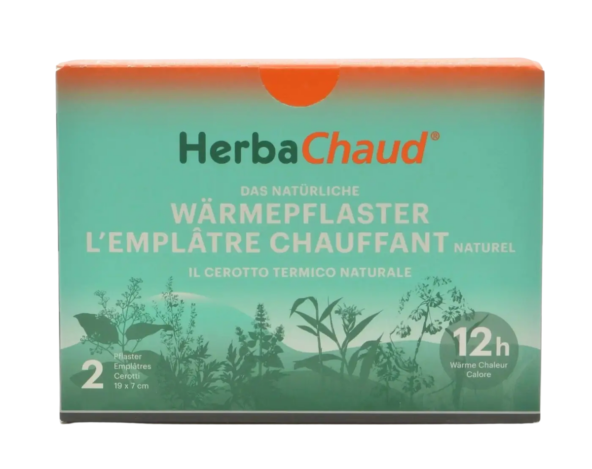 HerbaChaud natürliches Wärmepflaster, therapeutisches Zubehör in Markenbox, zur natürlichen Wärmebehandlung, auf weißem Hintergrund