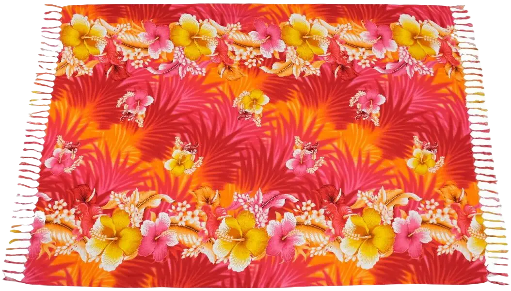 Vibranter lunghi sarong hibiskus flower rot mit pinken orange und gelben blumen auf rotem grund und fransenkanten