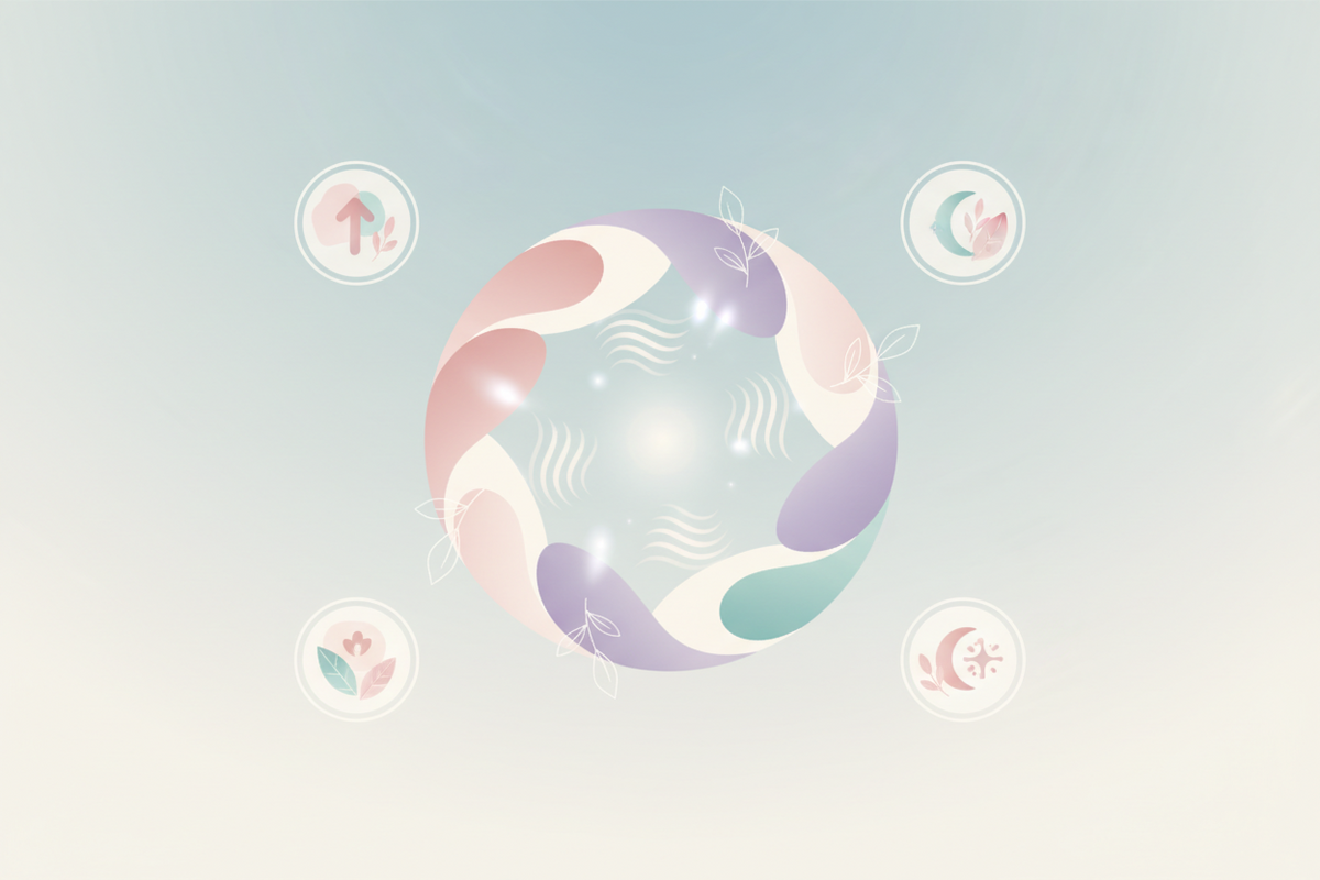 Abstrakte Illustration mit sanften Pastellfarben und Naturmotiven für einen gesunden Lifestyle.