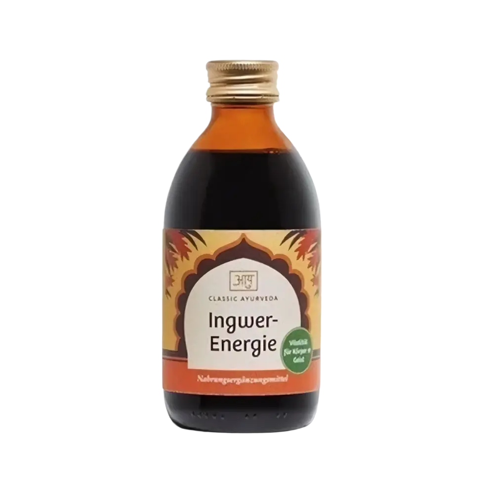 Ingwer Energie Tonikum von Classic Ayurveda, Gärgetränk mit Ingwer, Amla, Ashwagandha und Brahmi, dunkle Flasche