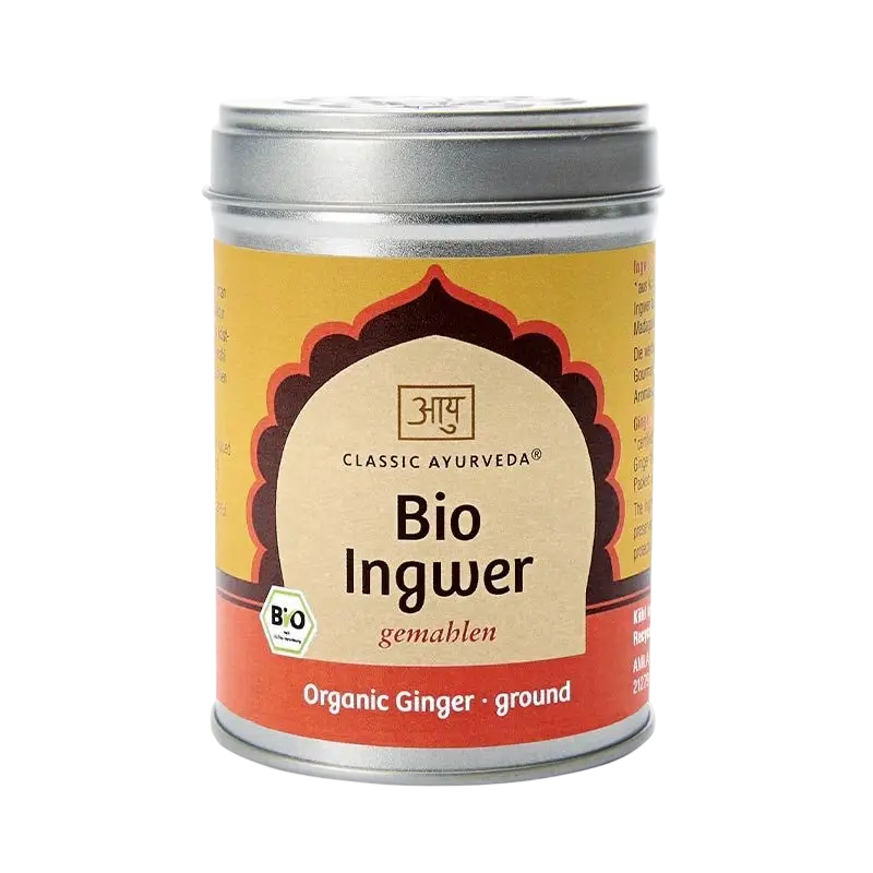 Bio gemahlener Ingwer in gelbem Metallbehälter, Gewürz von Classic Ayurveda, aromatisch und frisch, 80g.