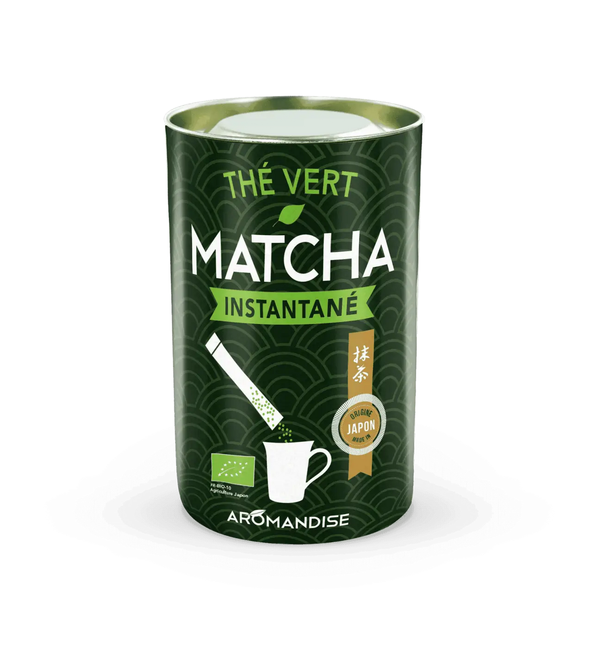 Instant Matcha Grünteepulver in 25 Bio-Stäbchen von AROMANDISE, fein gemahlenes Tee-Pulver in Verpackung sichtbar