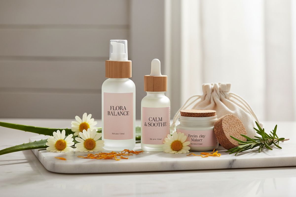 Bio-Kosmetik Set mit Serum und Creme auf Marmor mit Kamille und Aloe Vera