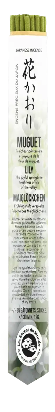 Japanische kurze Räucherstäbchen Muguet von Aromandise, Räucherwaren mit blumigem Duft, in stilvoller Verpackung.