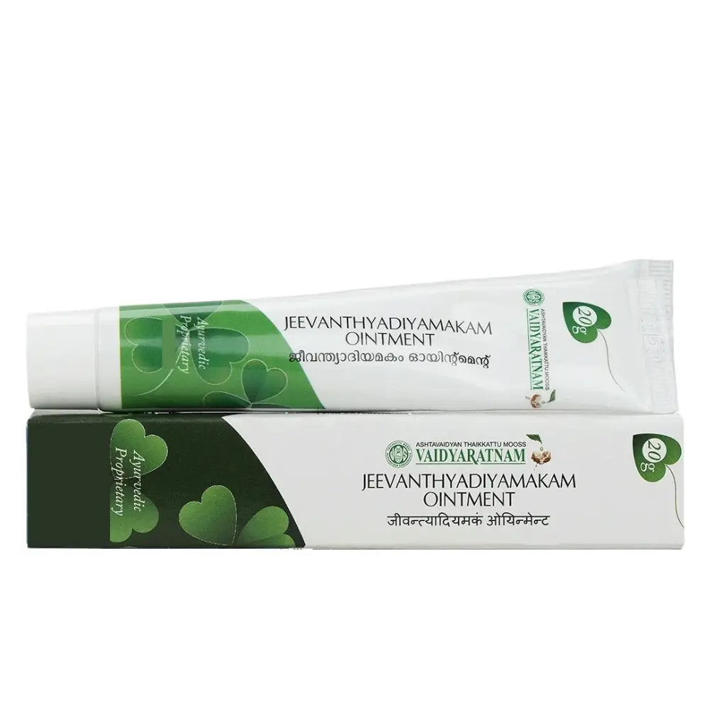 Weiße Tube Jeevanthyadiyamakam Heilsalbe von Vaidyaratnam, 20 g, für Hautpflege und Linderung von Hautbeschwerden.
