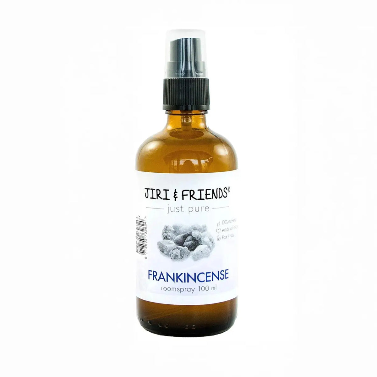 Ein 100 ml bernsteinfarbenes glas-sprühfläschchen von jiri & friends weihrauch raumspray mit schwarzem pumpzerstäuber und weißem etikett