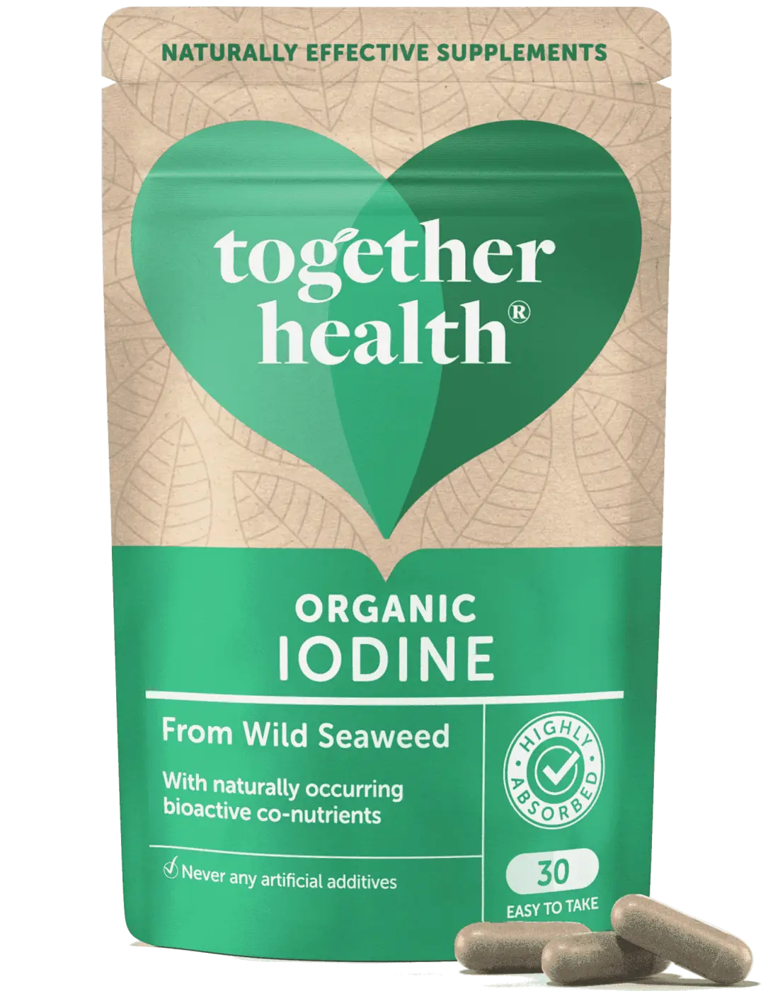Biologisches Jodpräparat von Together Health in grüner Beutelverpackung, 30 Kapseln, Nahrungsergänzungsmittel.