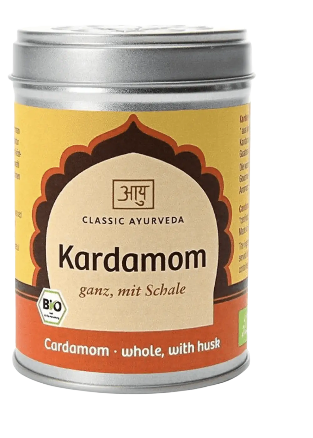 Bio Kardamom mit Schale in zylindrischem Metallbehälter, 70 g, Gewürze von Classic Ayurveda
