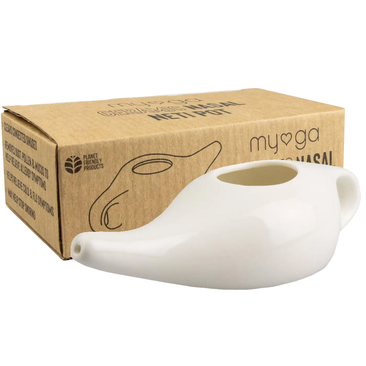 Weiße keramische Nasenspülkanne von Myga Eco, Nasaler Neti Pot für sanfte Nasenspülung, Gesichtsbilder in natürlichem Design