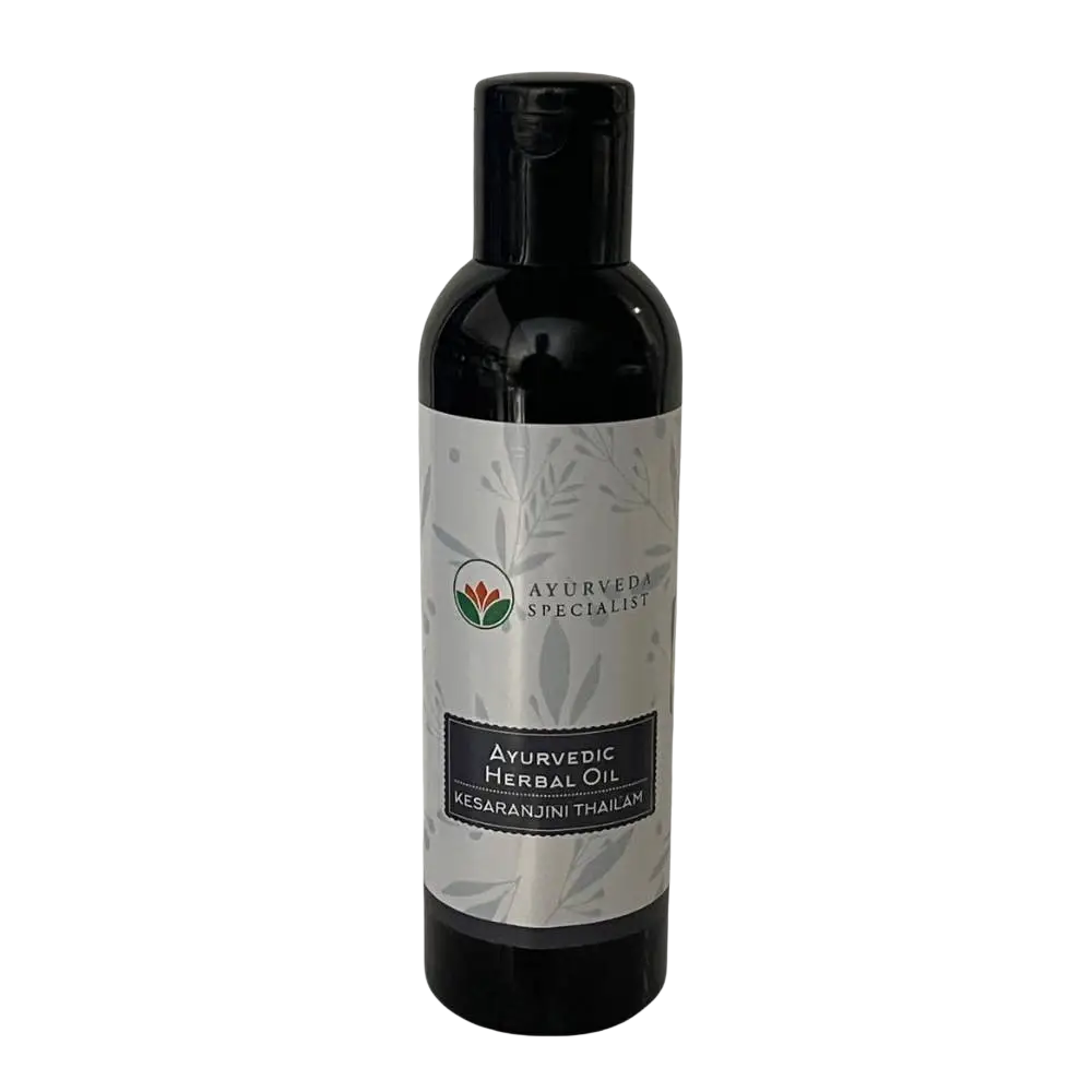 Haaröl KesaRanjini Thailam in schwarzer Plastikflasche, 200 ml, von Ayurveda Specialist B.V., für gesunde Haare und scalppflege