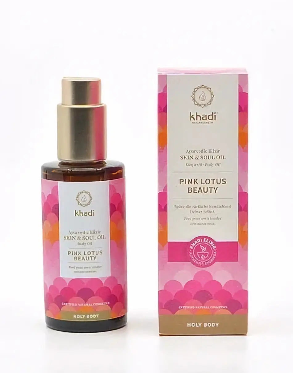 Khadi Pink Lotus Beauty Gesichtsöl, 100ml, mit natürlichem Hautöl für Gesicht und Körper, in einer Flasche sichtbar auf dem Bild.