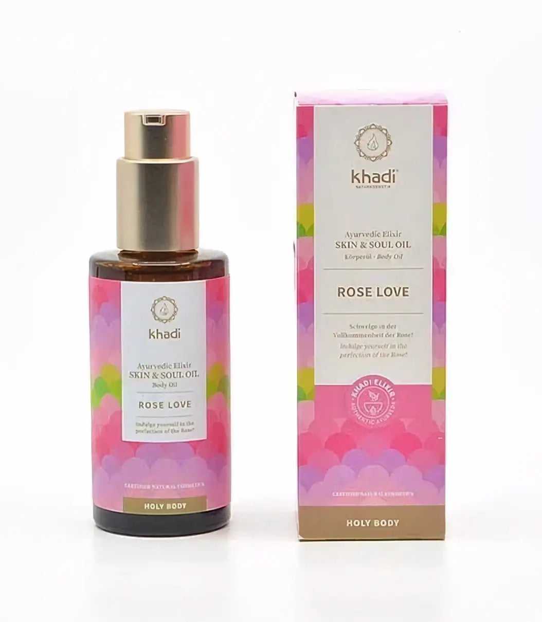 Khadi Rose Love Hautöl für Gesicht und Körper, 100ml, mit natürlichem Rosenduft und pflegender Wirkung auf die Haut.