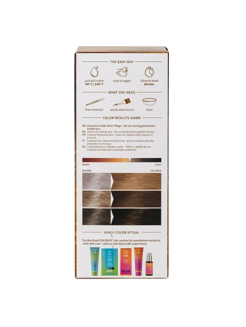 Khadi Pflanzenhaarfarbe Goldbraun 100g, natürliche Haarfarbe in Schachtel für gesundes, glänzendes Haar, natürliches Haarfärbe-Set