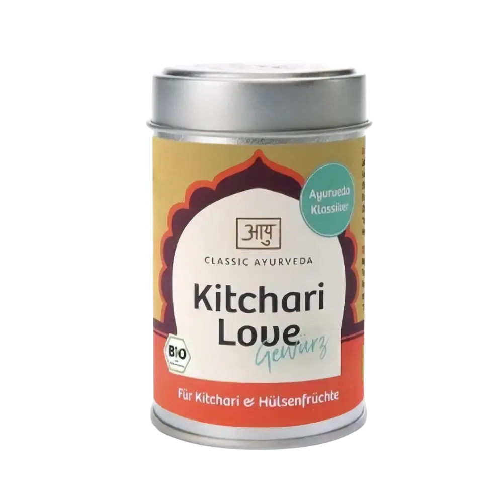 Kitchari Love Bio Gewürzmischung von Classic Ayurveda, ideal für ayurvedische Küche, in einer Gewürzglasverpackung.