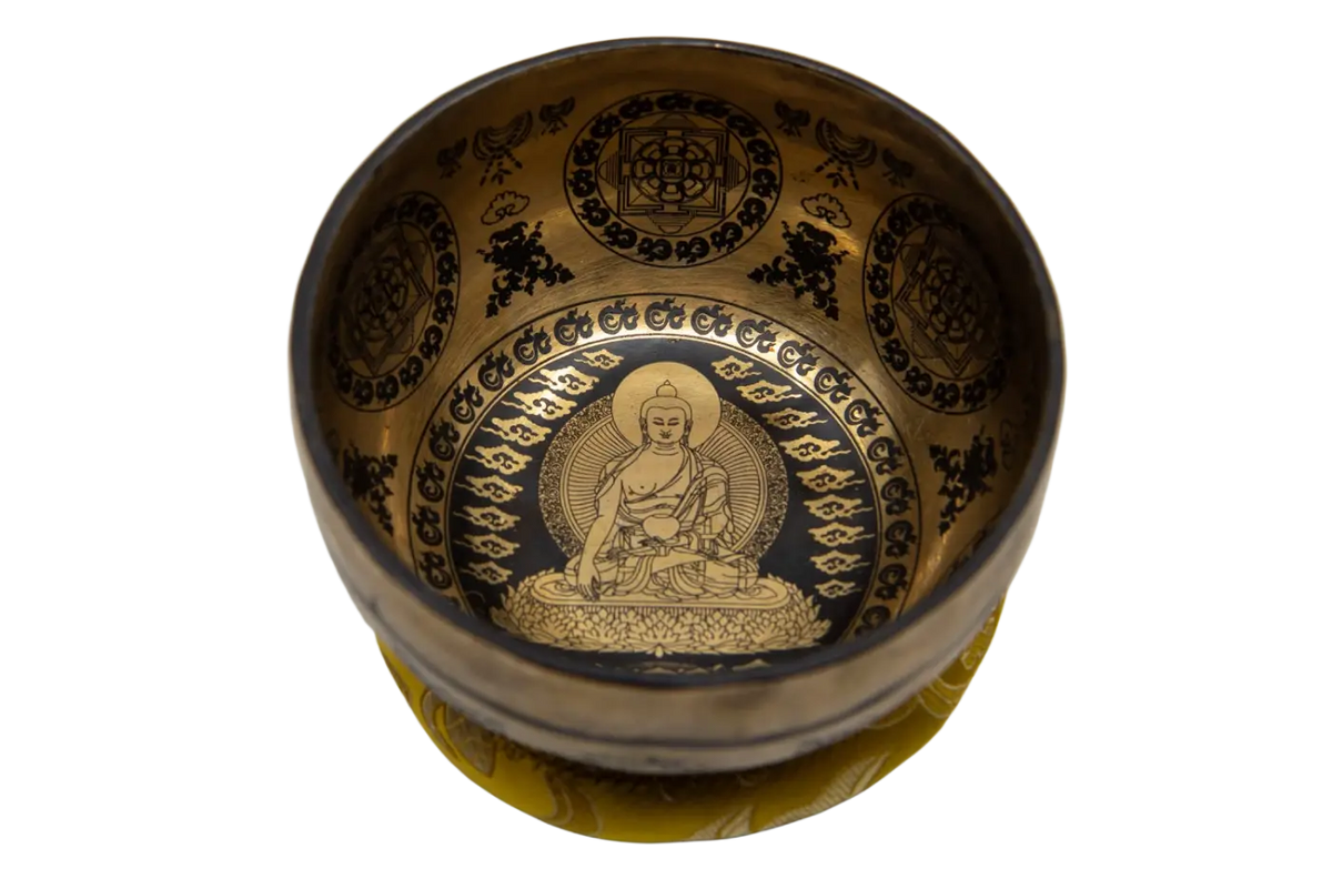 Handgravierte tibetische Klangschale „Buddha Shakyamuni“ aus Bronze mit Mantra, handgefertigtes Musikinstrument.