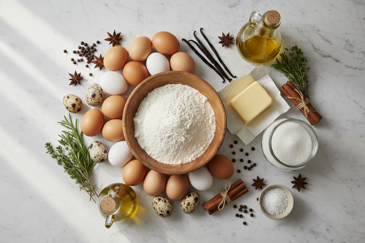Verschiedene Backzutaten wie Mehl, Eier, Butter, Zucker und Gewürze auf Marmor.