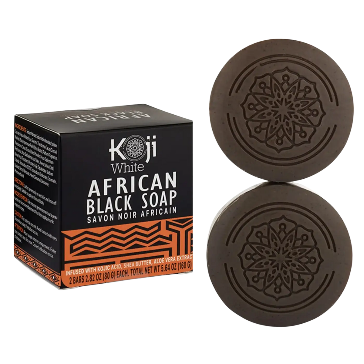 Dunkelbraune, runde afrikanische Seife von Koji White, traditionelle Koji White African Black Seife in Nahaufnahme