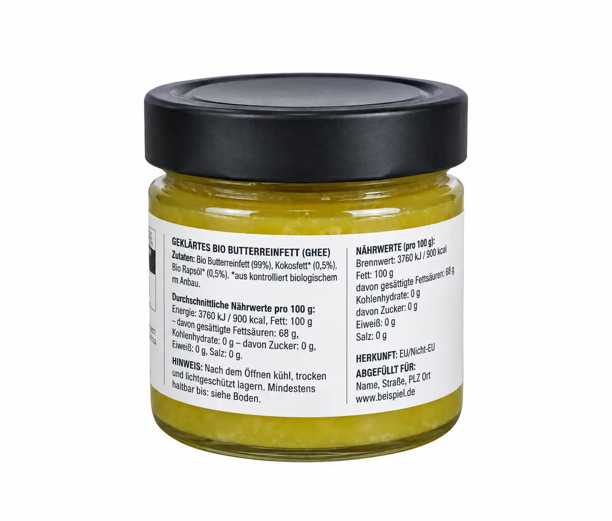 Glasbehälter mit 150g Kokos Ghee, ayurvedisches Kokos- und Butterfett von Cosmoveda in einem transparenten Behälter