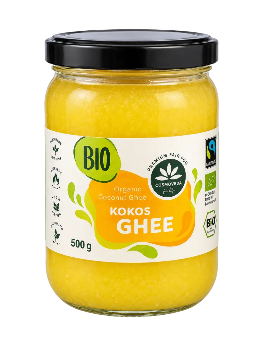 Kokos Ghee von Cosmoveda, ayurvedisches Kokos- und Butterfett, 500g, in einem transparenten Glasbehälter, flüssig und cremig.