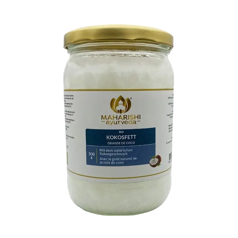 Bio Kokosfett von Maharishi in Glasbehälter mit goldenem Deckel, 500g, reines Öl und Fett für gesunde Ernährung